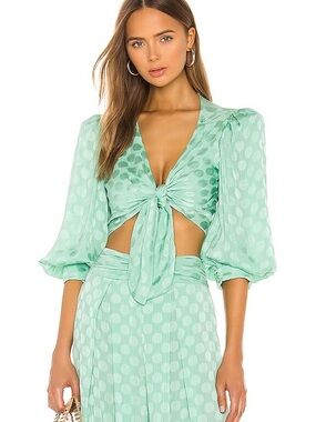PatBO Tie-Front Puff Sleeve Crop Top - Aqua Green